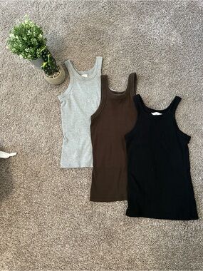 H&M Ribbed Tank Top Trio — Gray, Brown & Black
